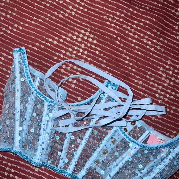Small Blue Mesh Rhinestone Underbust Corset - Picture 2 of 7